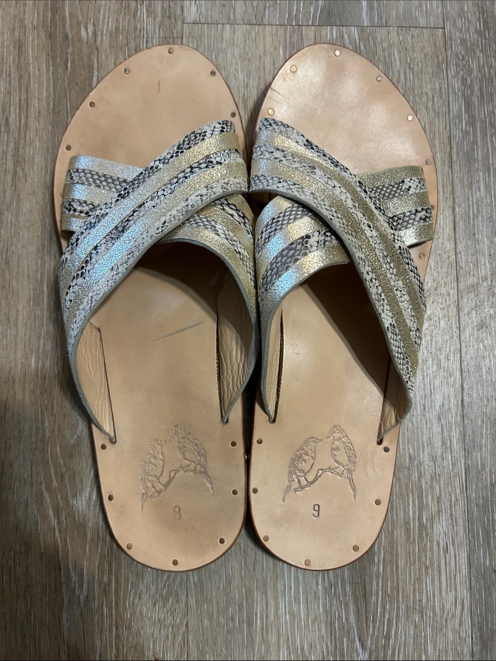 beek Metallic Snake-Print Leather Slide Sandals - Silver/Tan